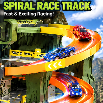 Ruvvie Dinosaur Car Transporter & Spiral Race Track Playset