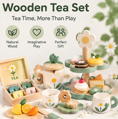 RUVVIE® Wooden Floral Tea Party Pretend Play Set 🌼