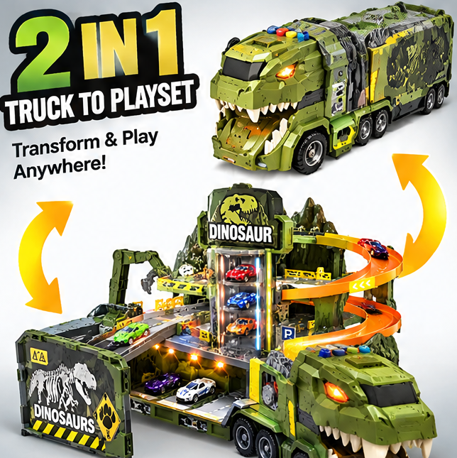 Ruvvie Dinosaur Car Transporter & Spiral Race Track Playset