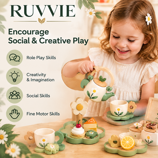 RUVVIE® Wooden Floral Tea Party Pretend Play Set 🌼