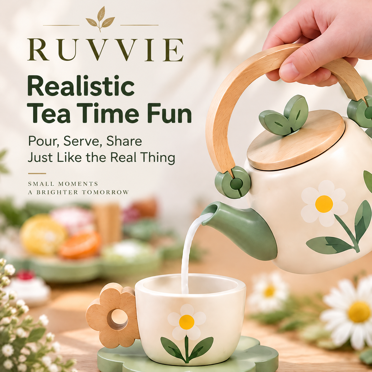 RUVVIE® Wooden Floral Tea Party Pretend Play Set 🌼