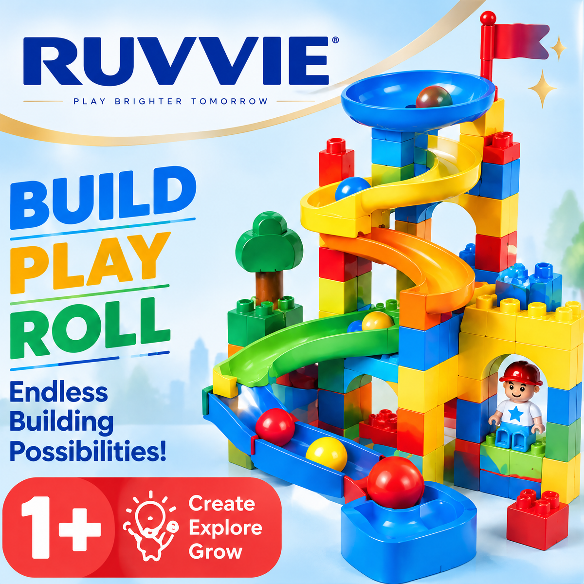 Ruvvie Toddler Marble Run & Building Blocks Toy