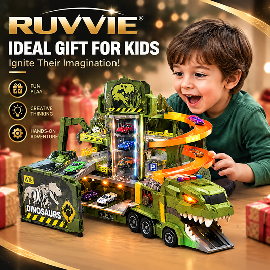 Ruvvie Dinosaur Car Transporter & Spiral Race Track Playset