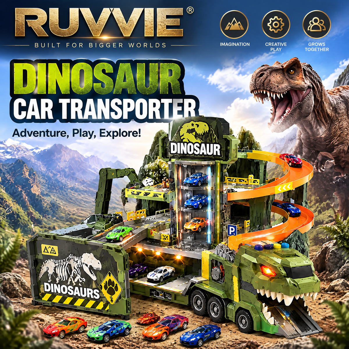 Ruvvie Dinosaur Car Transporter & Spiral Race Track Playset