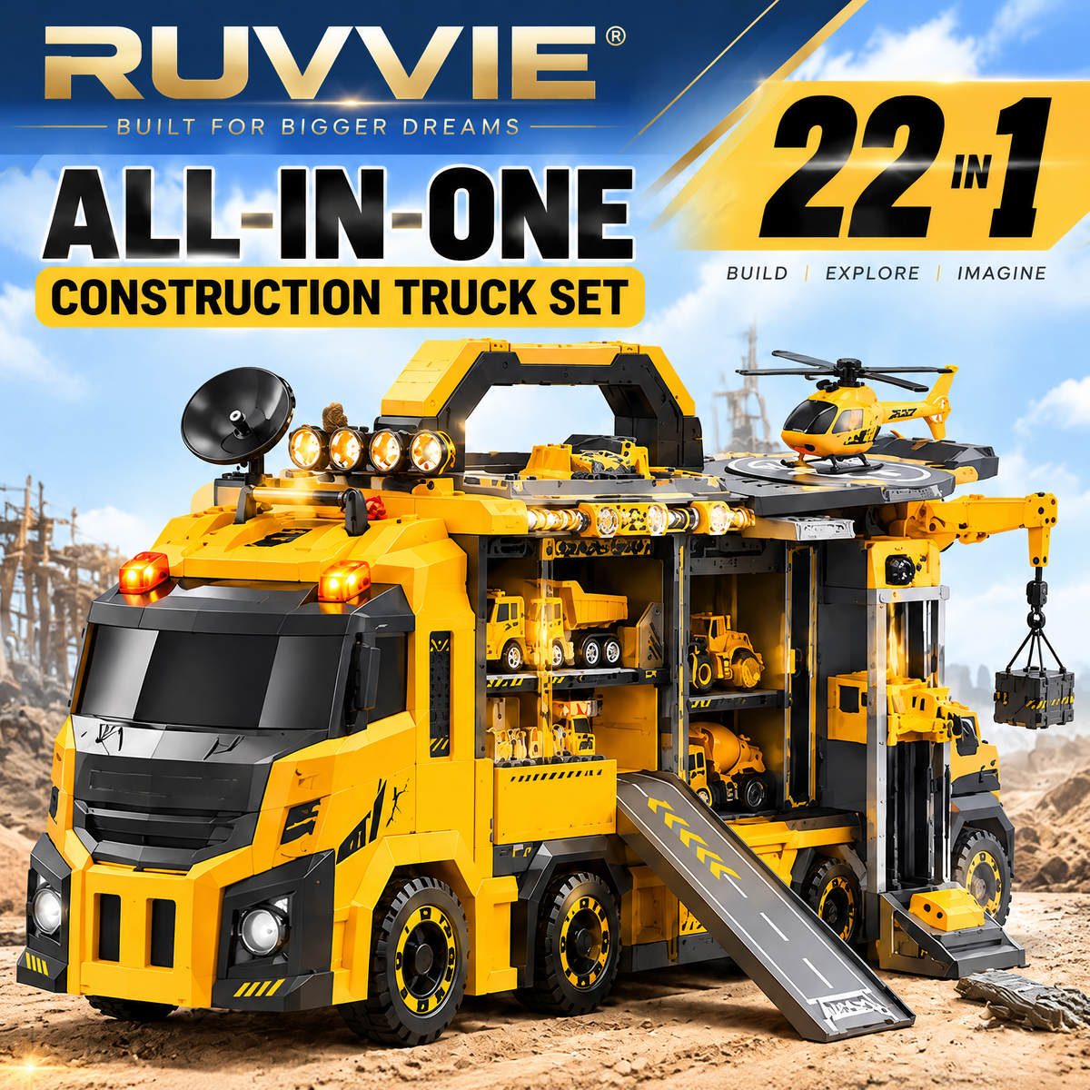 Ruvvie 22-in-1 All-in-One Construction Truck Set Toy